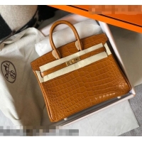 Most Popular Hermes Birkin 25cm Bag in Crocodile Embossed Calf Leather H25 Golden Brown/Gold