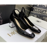 Generous Dior La Parisienne Black Patent Leather Pumps with Silver Plate and Ankle Strap 6.5cm 050567