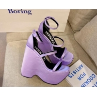 Pretty Style Versace Triplatform Silk Wedge Platform Strap Sandals 16cm Purple 052549
