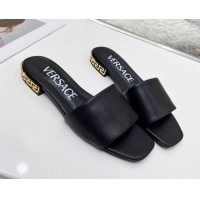 Shop Duplicate Versace Calfskin Slide Sandals with Logo Heel Black 052594