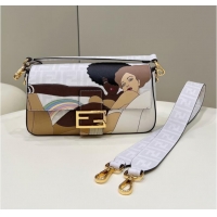Top Quality Fendi FF glazed fabric bag with inlay Baguette 8BR600A white