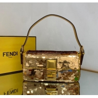 Top Grade Fendi FF Baguette Gold Metal Sequin Embroidery Bag 2017 Gold