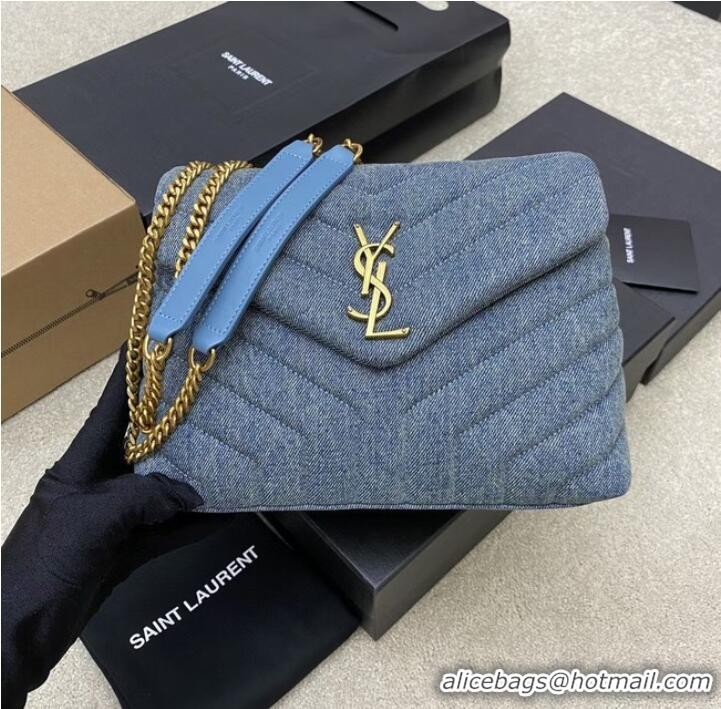 Buy Grade SAINT LAURENT PUFFER SMALL CHAIN BAG IN DENIM AND SMOOTH LEATHER 392277 BLUE