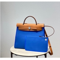 Classic Grade Hermes Herbag 31CM Original Canvas Leather & Calfskin 48887 blue&brown