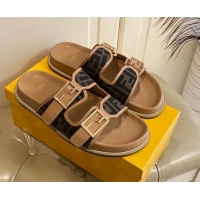 Luxurious Fendi Feel Flat Slide Sandals in Coffee Brown FF Fabric 072035