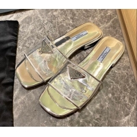 Stylish Prada TPU Logo Flat Slide Sandals Silver 62289