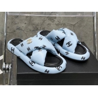 Low Cost Chanel CC Printed Lambskin Cross Sandals Blue 052010