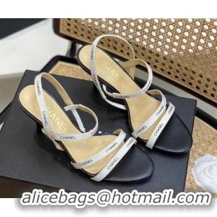 Charming Chanel Logo Strap Canvas High Heel Sandals White 0620114