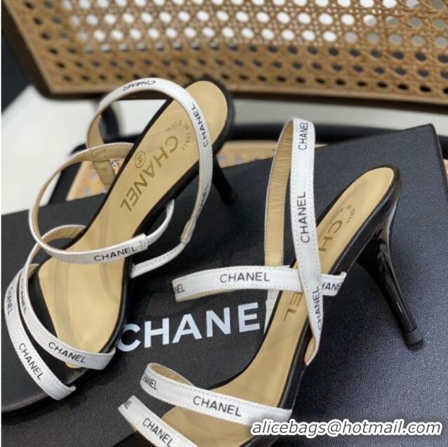Charming Chanel Logo Strap Canvas High Heel Sandals White 0620114