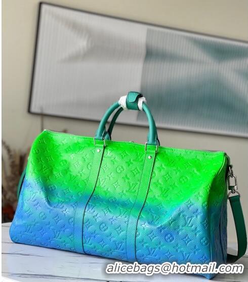 Promotional Louis Vuitton Keepall 50 Bandoulière Travel bag in Florescent Leather M59712 Blue/Green 2022
