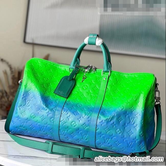 Promotional Louis Vuitton Keepall 50 Bandoulière Travel bag in Florescent Leather M59712 Blue/Green 2022