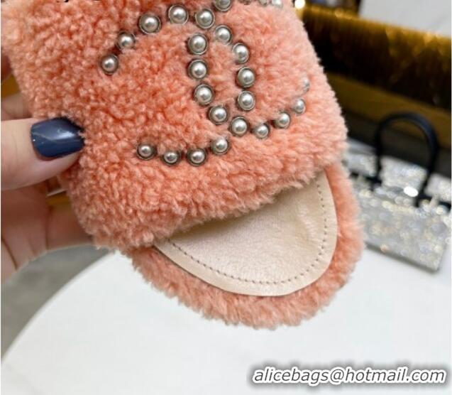 Pretty Style Chanel Fur Pearl CC Flat Slide Sandals Light Pink 072161