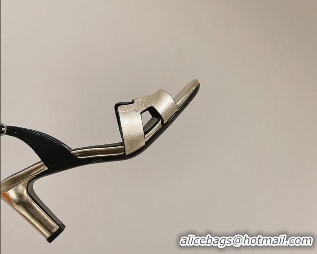 Top Design Hermes Ella Medium Heel Sandals 7cm in Smooth Leather Light Gold/Black 071936