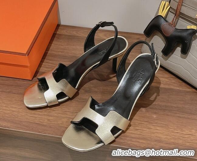 Top Design Hermes Ella Medium Heel Sandals 7cm in Smooth Leather Light Gold/Black 071936
