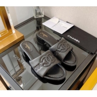 Discount Chanel Lambskin CC Lock Heel Slide Sandals 3.5cm Black 062077