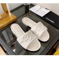 Original Cheap Chanel Lambskin CC Lock Flat Slide Sandals White 062078