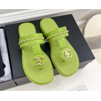 Good Quality Chanel Lambskin CC Stud and Chain Flat Slide Sandals Green 070145