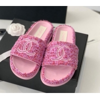 Most Popular Chanel CC Tweed Flat Slide Sandals Pink 070191