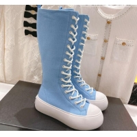 Stylish Chanel Canvas Platform High Boots 5cm Blue 071850