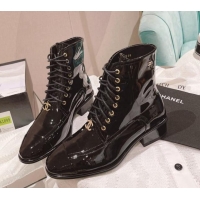 Stylish Chanel Patent Leather Lace-up Ankle Boots Black 071877
