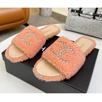 Pretty Style Chanel Fur Pearl CC Flat Slide Sandals Light Pink 072161