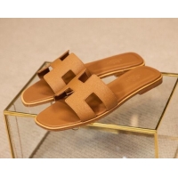 Discount Hermes Oran Classic Grained Calfskin Flat Slide Sandals Brown 0527148