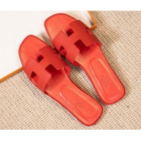 Grade Quality Hermes Oran Classic Grained Calfskin Flat Slide Sandals Red 0527150