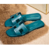 Perfect Hermes Oran Classic Smooth Calfskin Flat Slide Sandals Blue 0527156