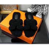 Pretty Style Hermes Teddy Fur Flat Slide Sandals Black 071914