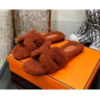 Hot Style Hermes Teddy Fur Flat Slide Sandals Dark Brown 071918
