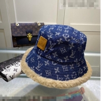 Shop Discount Louis Vuitton Monogram Denim and Shearling Bucket Hat LV2937 Blue 2021