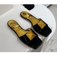 Top Design Valentino One Stud Patent Leather Flat Slide Sandals Black 052431