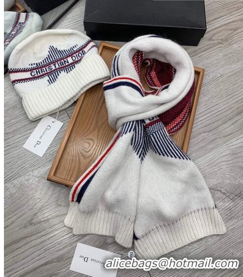 Buy Fashionable Dior Star Wool Knit Hat and Scarf Set 092376 White 2022