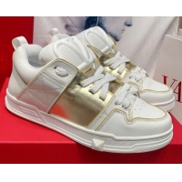 Fashion Valentino One Stud Calfskin Sneakers with Stripe White/Gold 0622110
