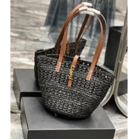 Buy Fashionable SAINT LAUREN PANIER SMALL BAG IN CROCHET RAFFIA AND SMOOTH LEATHER 685618 black