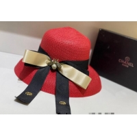 Top Design Gucci Straw Wide Brim Hat 043088 Red 2022