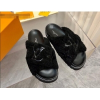 Durable Louis Vuitton Paseo Flat Comfort Shearling Slide Sandals Black 081057
