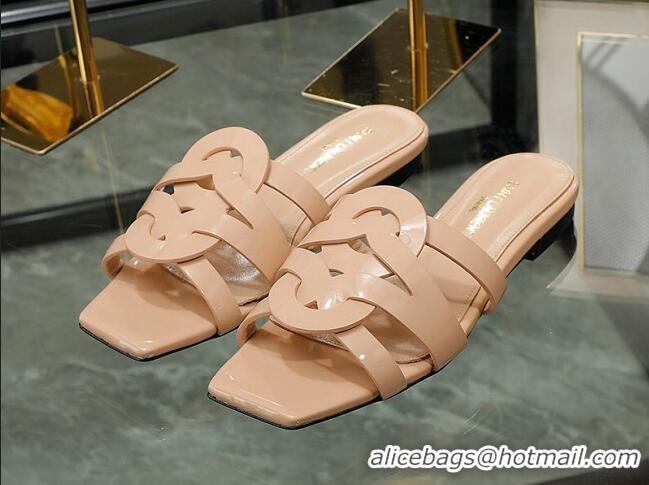Hot Style Saint Laurent Patent Leather Flat Slide Sandals Nude 070908 