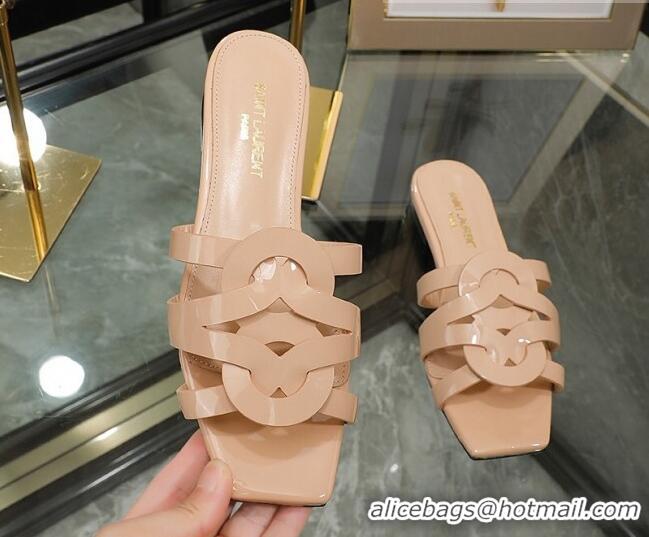 Hot Style Saint Laurent Patent Leather Flat Slide Sandals Nude 070908 