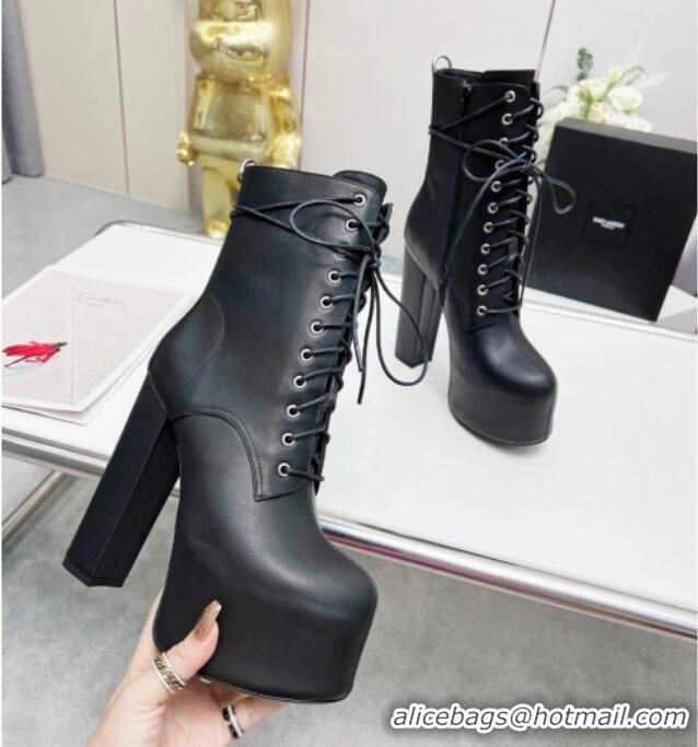 Classic Hot Saint Laurent Cherry Lace-up Platform Booties in Smooth Calfskin Black 0825073