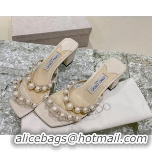 Good Quality Jimmy Choo Amara Leather and Pearls Heel Slide Sandals 4.5cm White 2082611