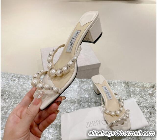 Good Quality Jimmy Choo Amara Leather and Pearls Heel Slide Sandals 4.5cm White 2082611