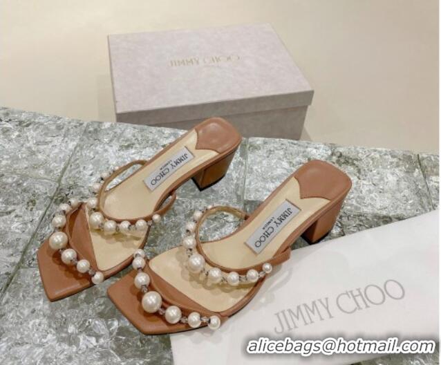 Grade Quality Jimmy Choo Amara Leather and Pearls Heel Slide Sandals 4.5cm Light Brown 2082612