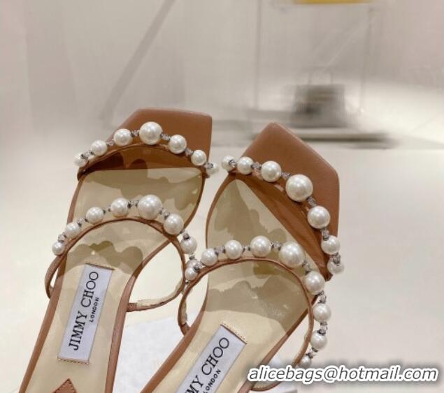 Grade Quality Jimmy Choo Amara Leather and Pearls Heel Slide Sandals 4.5cm Light Brown 2082612