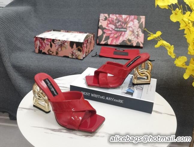Luxurious Dolce&Gabbana DG Patent Leather Slide Sandals 10.5cm Red 090848