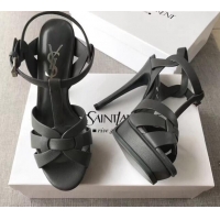 Luxury Saint Laurent Tribute Platform Sandals in Grainy Calfskin 82320 Dark Grey