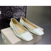 Trendy Design Jimmy Choo Nappa Leather Ballerinas with Pearls White 090938