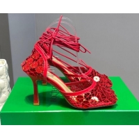 Sophisticated Bottega Veneta Sequins Cord Mesh Sandals 9cm Red 062106