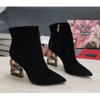 1:1 aaaaa Dolce & Gabbana Suede Ankle Boots with Crystal DG-Heel 10.5cm Black 081273