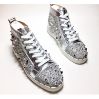 Luxurious Christian Louboutin Lou Spikes Sneakers Silver 912053